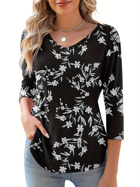 Women's Floral Print V-Neck 3/4 Sleeve T-Shirt - Black & White Contrast, Breathable Fabric, Elegant Casual Versatile Top for Spring Summer Fall, Machine Washable, Seasonal Fashion | Soft Texture Shirt, Ladies T Shirts