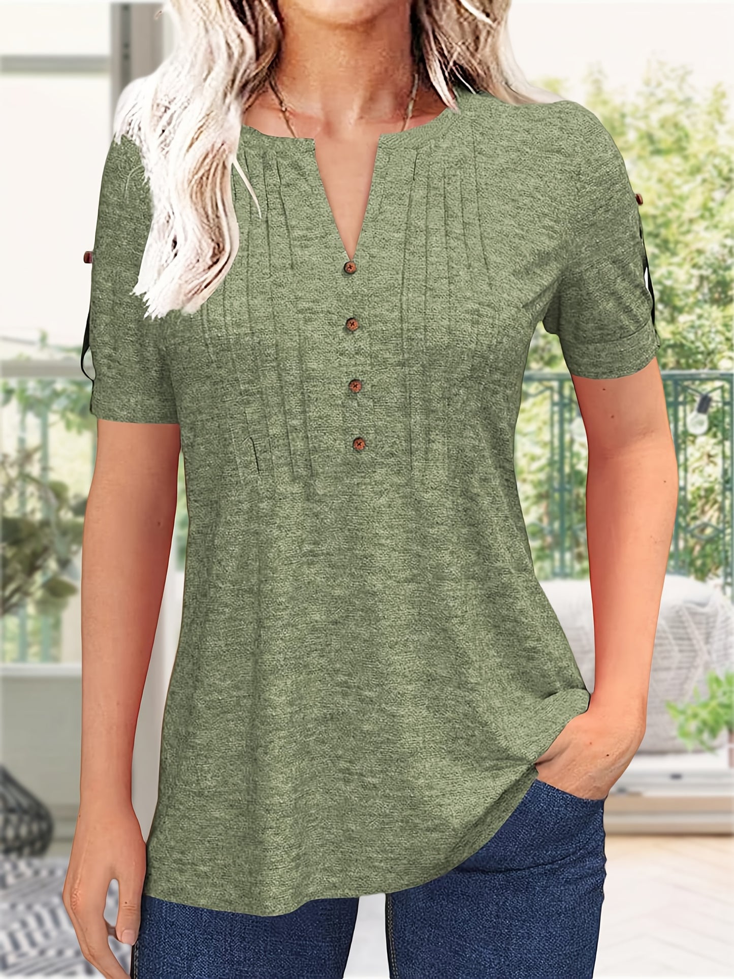 Women's Zipper Summer Pleated Button Short Sleeve T-Shirt