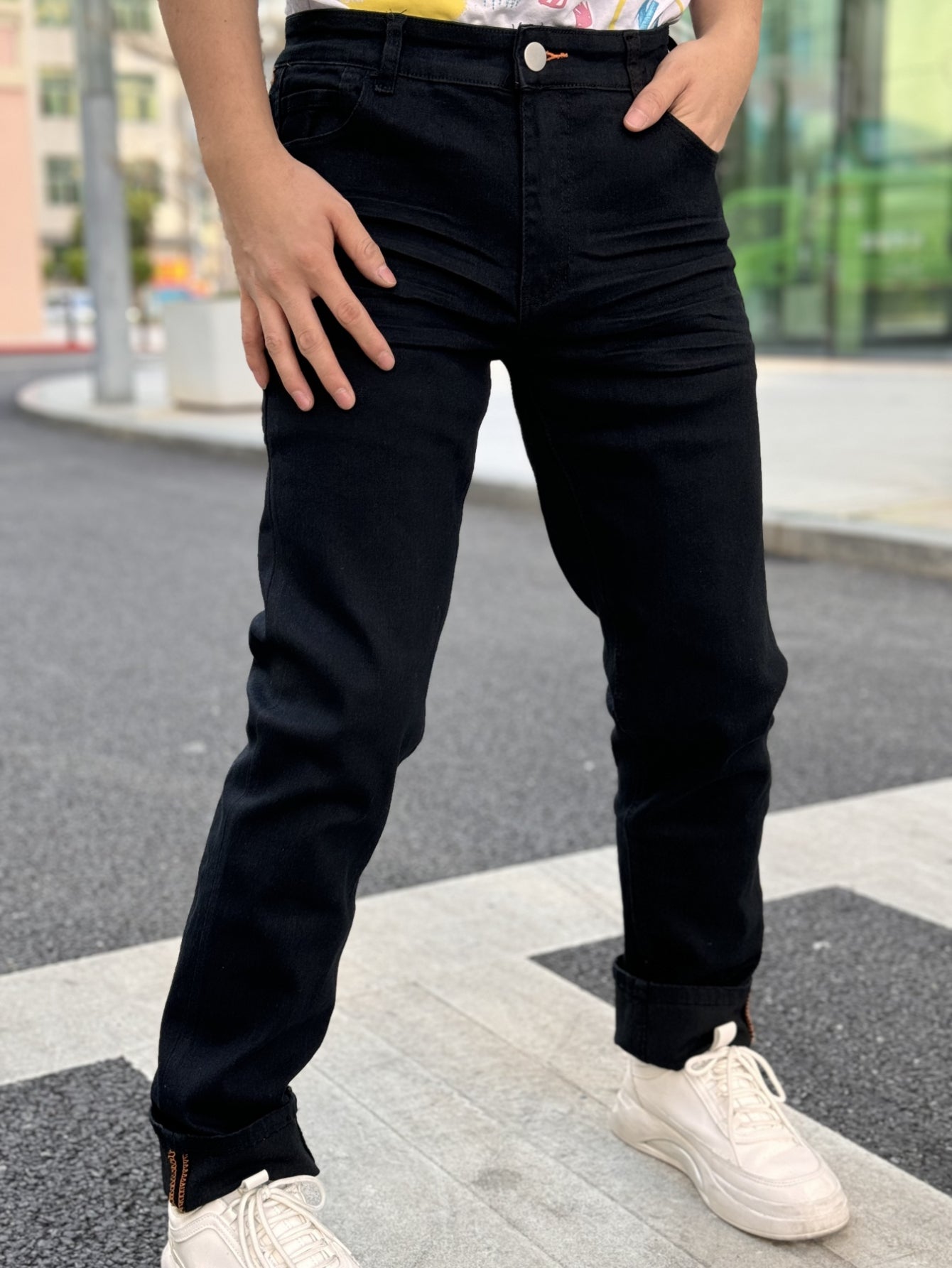 American Men'S Stretch Denim Pants, Fashion Casual Style, Fashion Wash, Suitable for All Occasions, Slim-Fit Stretch Pants, Side Yellow Line Bone Design, Can Roll Feet And Not Roll Feet, Suitable for All Seasons, So Young Men