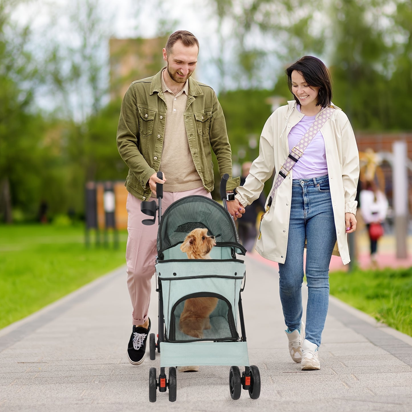 Medium Dog Stroller 50lb With Storage Basket And Leashes