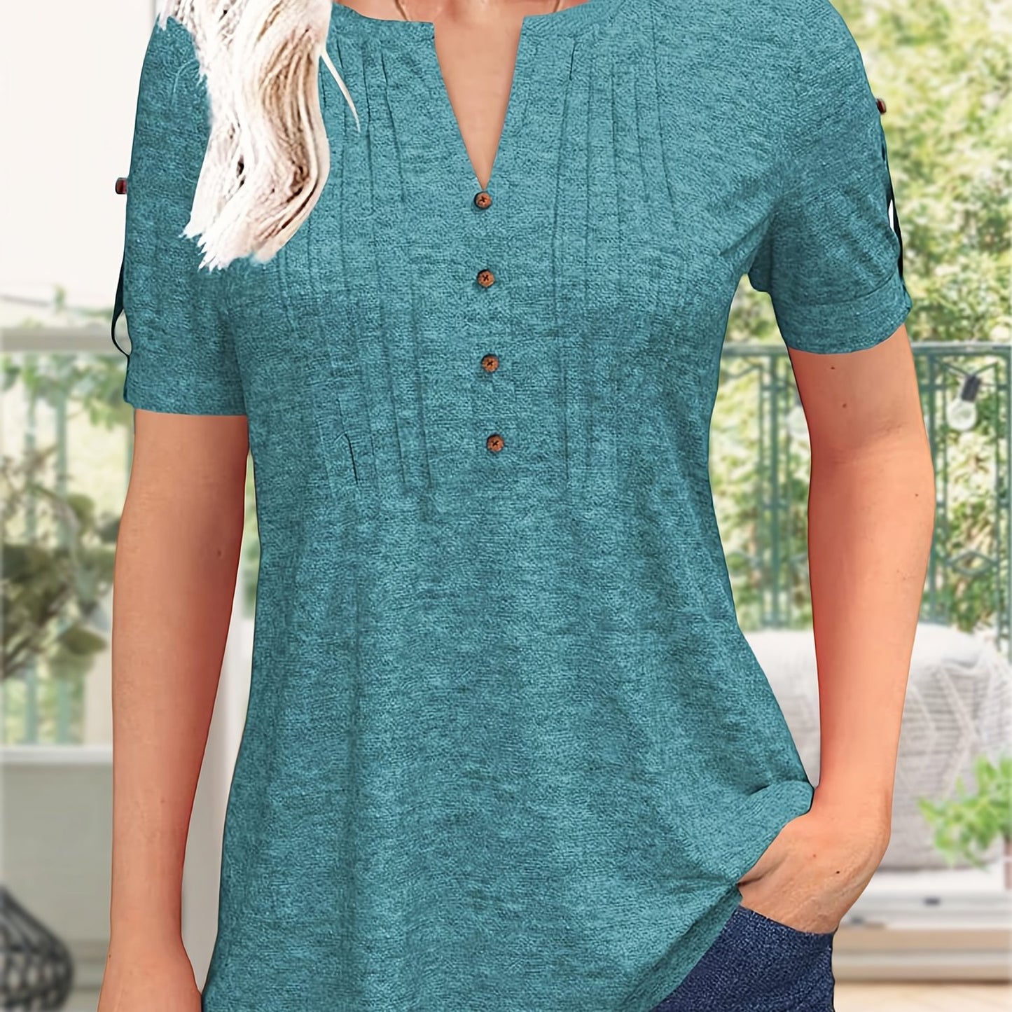 Women's Zipper Summer Pleated Button Short Sleeve T-Shirt